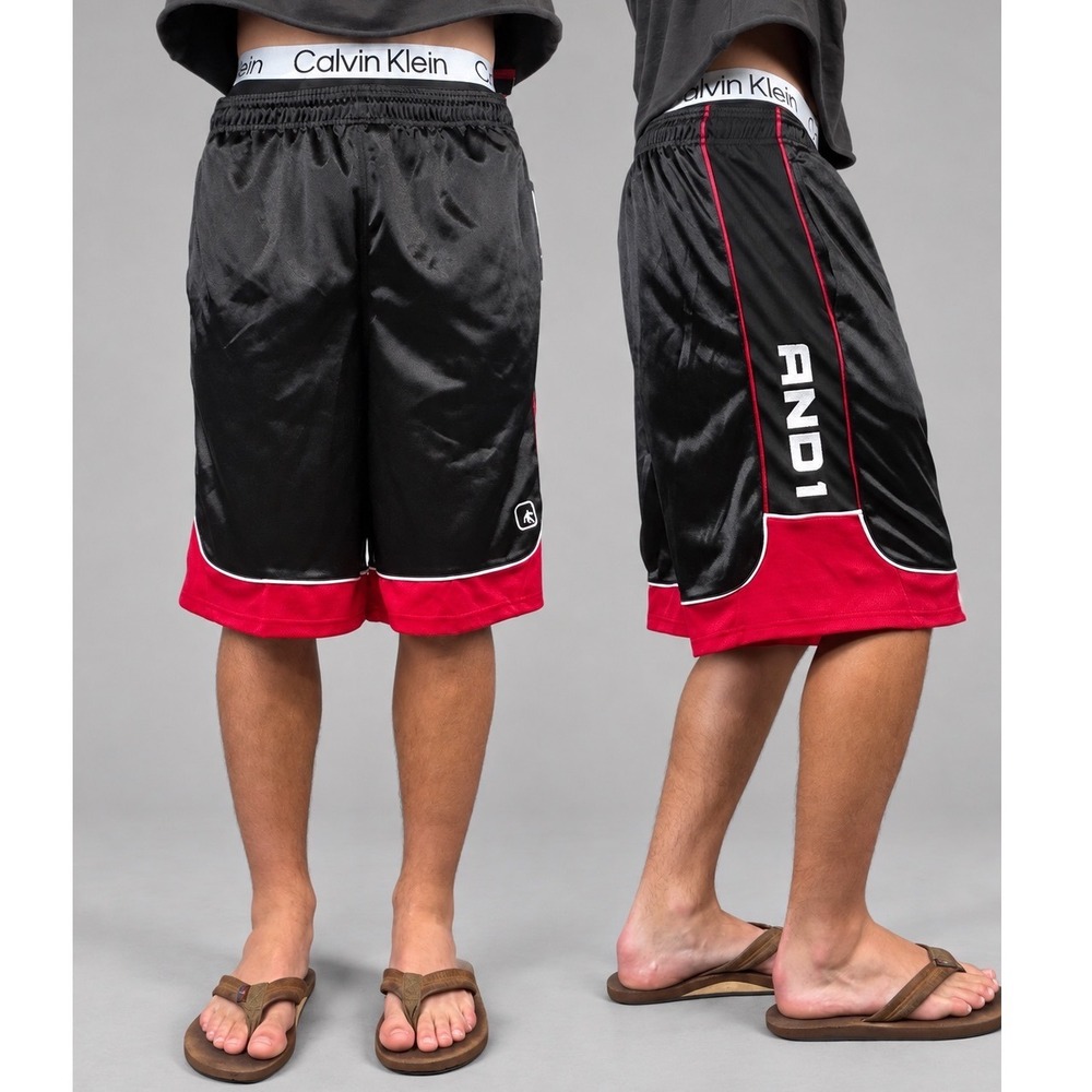 Vintage NWT AND1 Mens Basketball Shorts Black Red Shiny Dazzle M Baggy